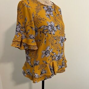 Floral Ruffle Sleeve Top - Mustard and Gray